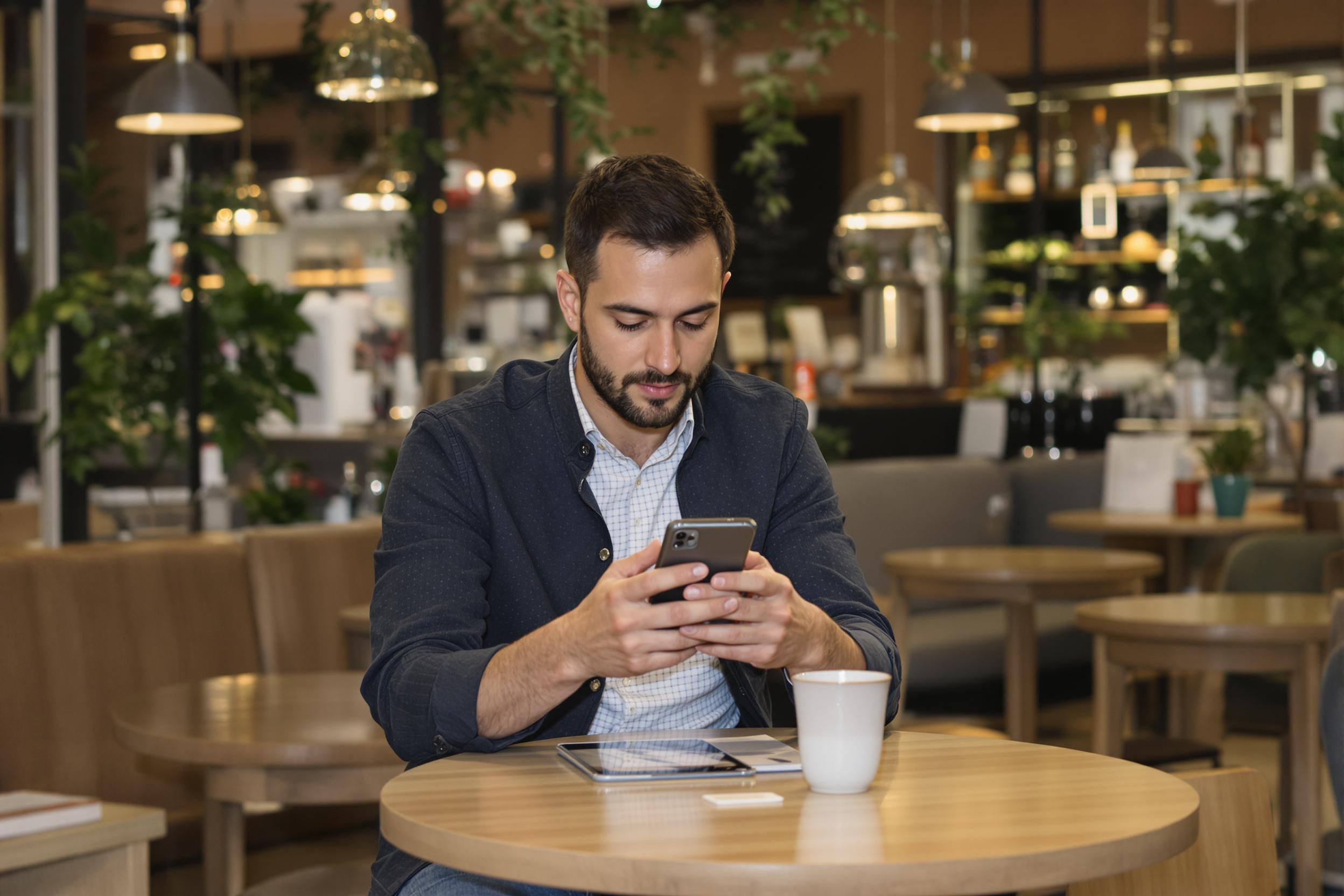 Personne tenant un smartphone dans un café