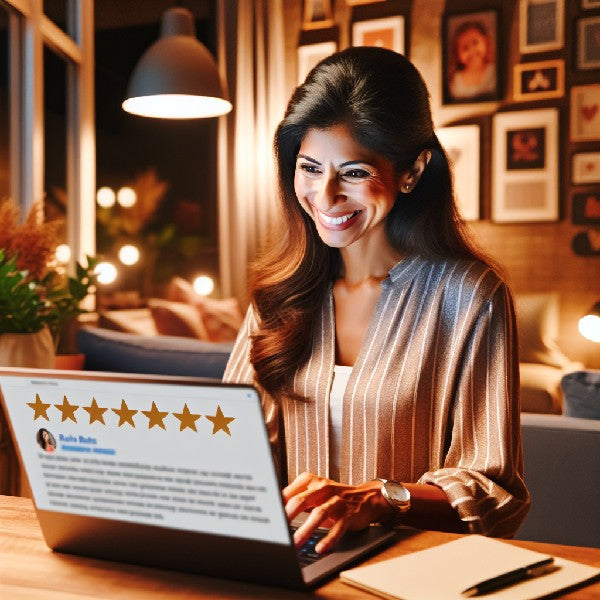 Business owner reading a positive review