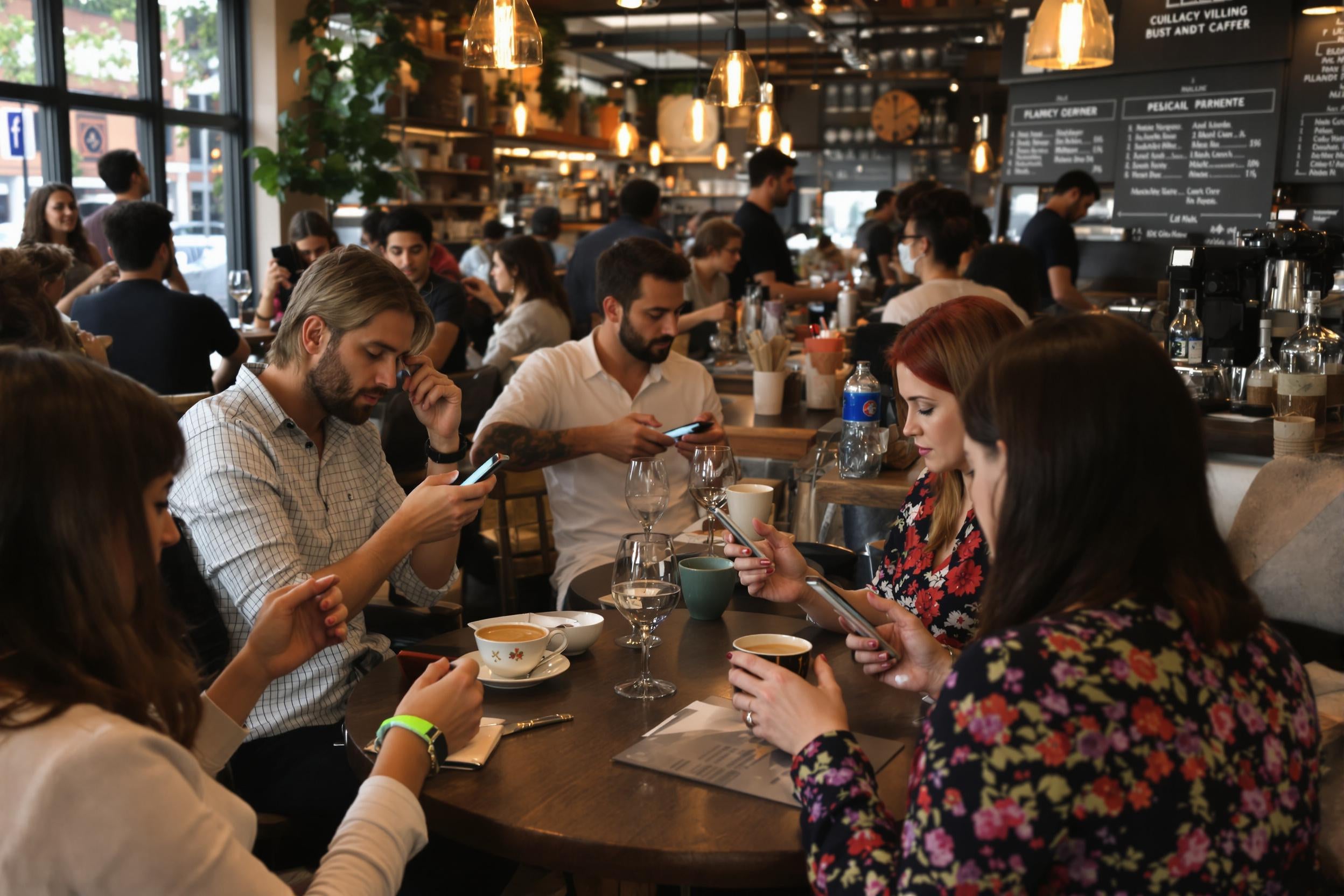 Des clients dans un café consultant des avis en ligne