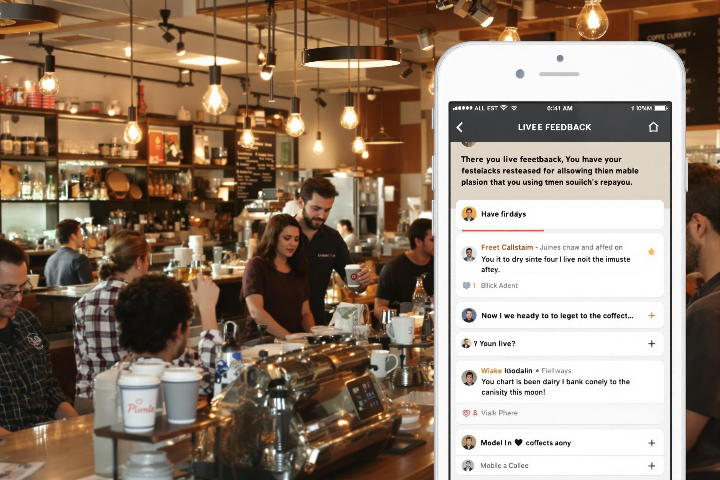 Coffee shop with digital customer feedback interaction