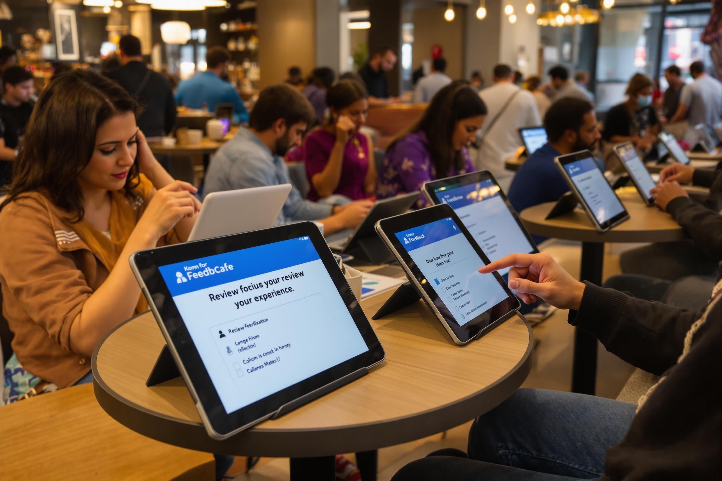 Modern cafe with digital feedback tablets