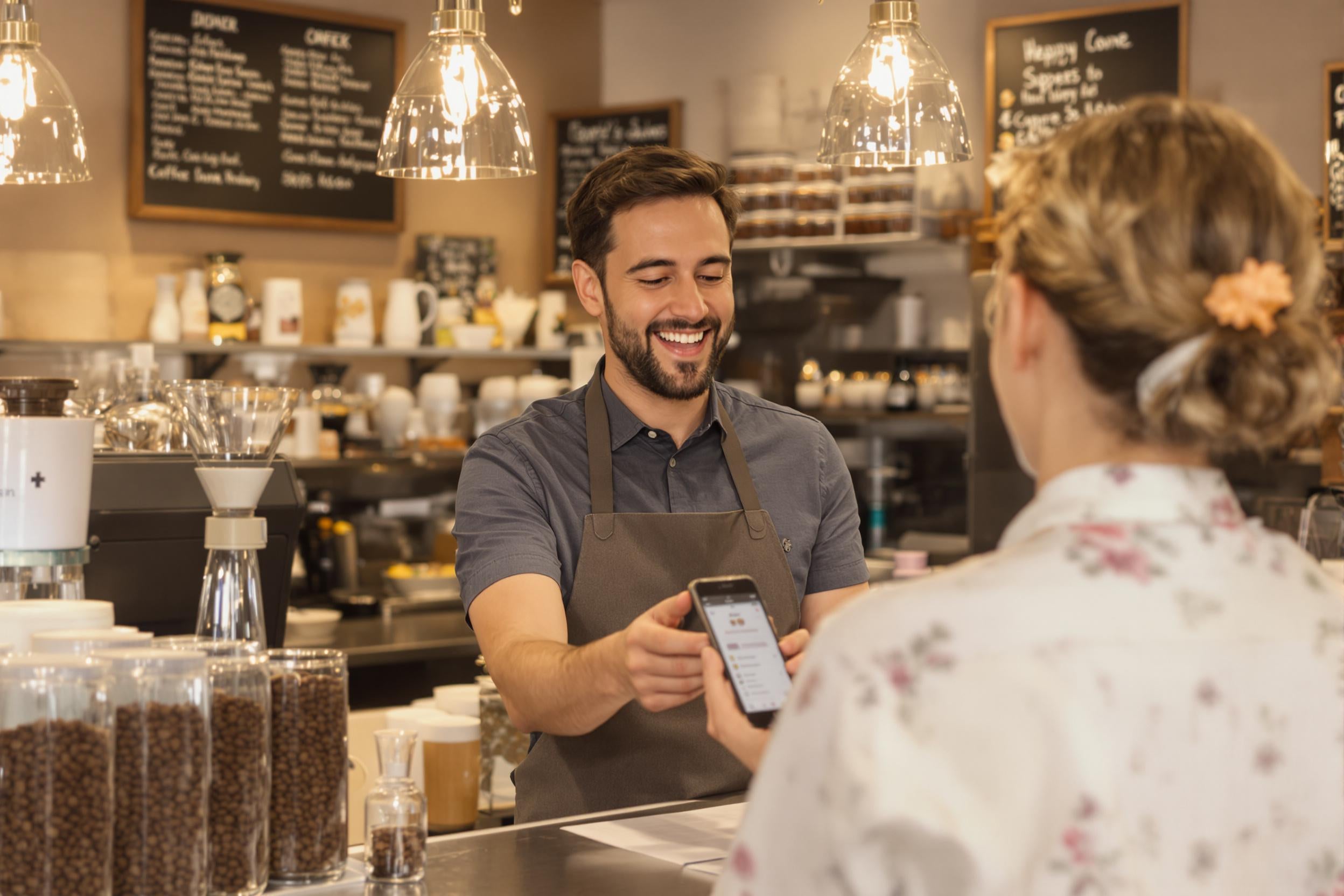Cliente dejando una reseña de Google en una cafetería