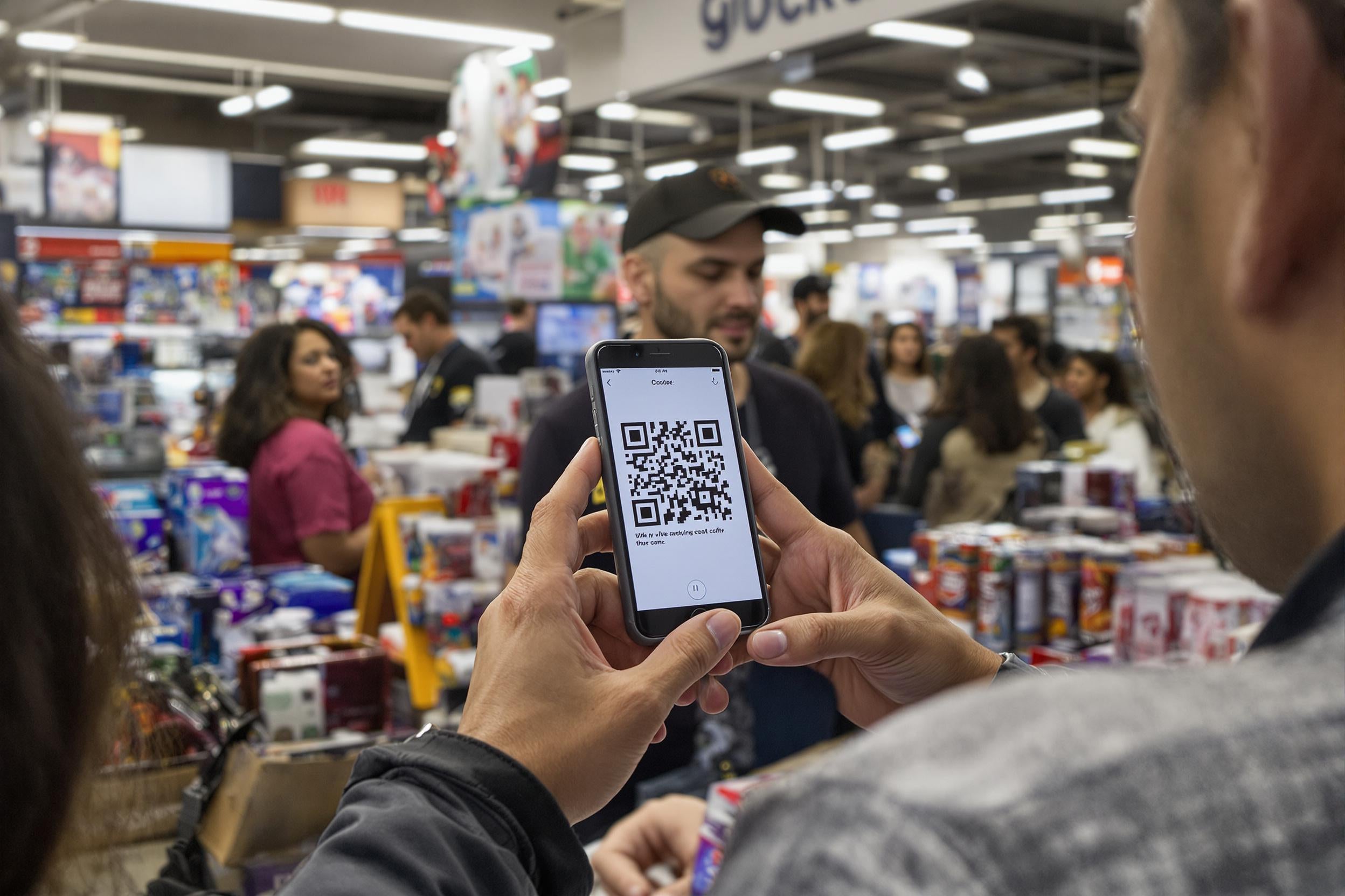 Personnes scannant un QR code en magasin