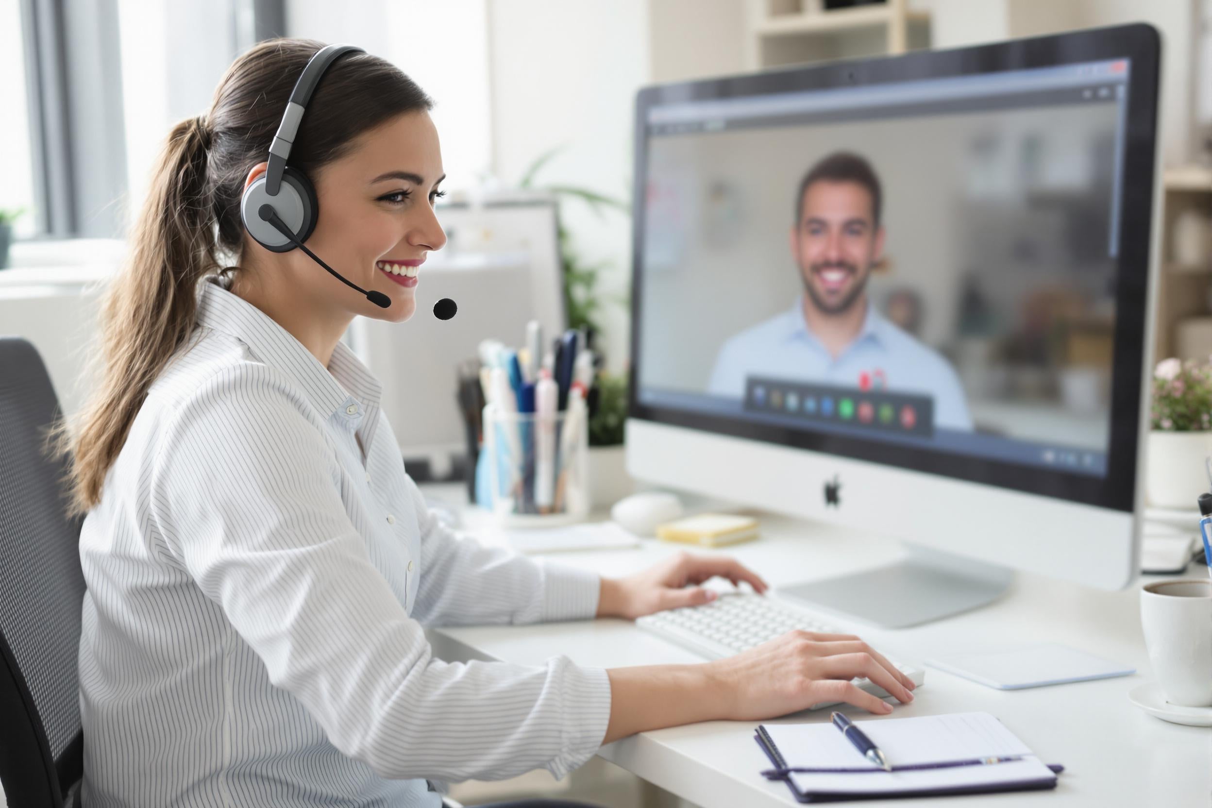 Representante de servicio al cliente sonriente interactuando con un cliente