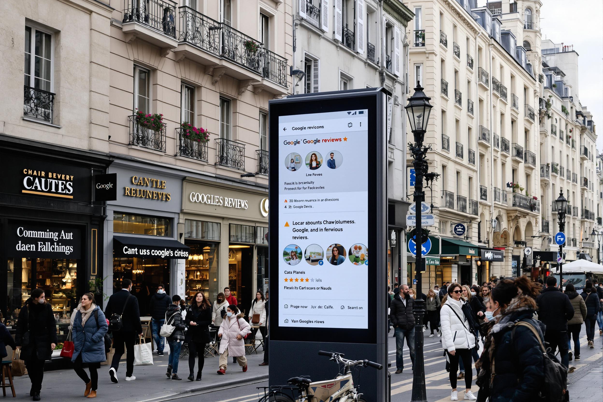 Scène urbaine avec un panneau d'avis Google