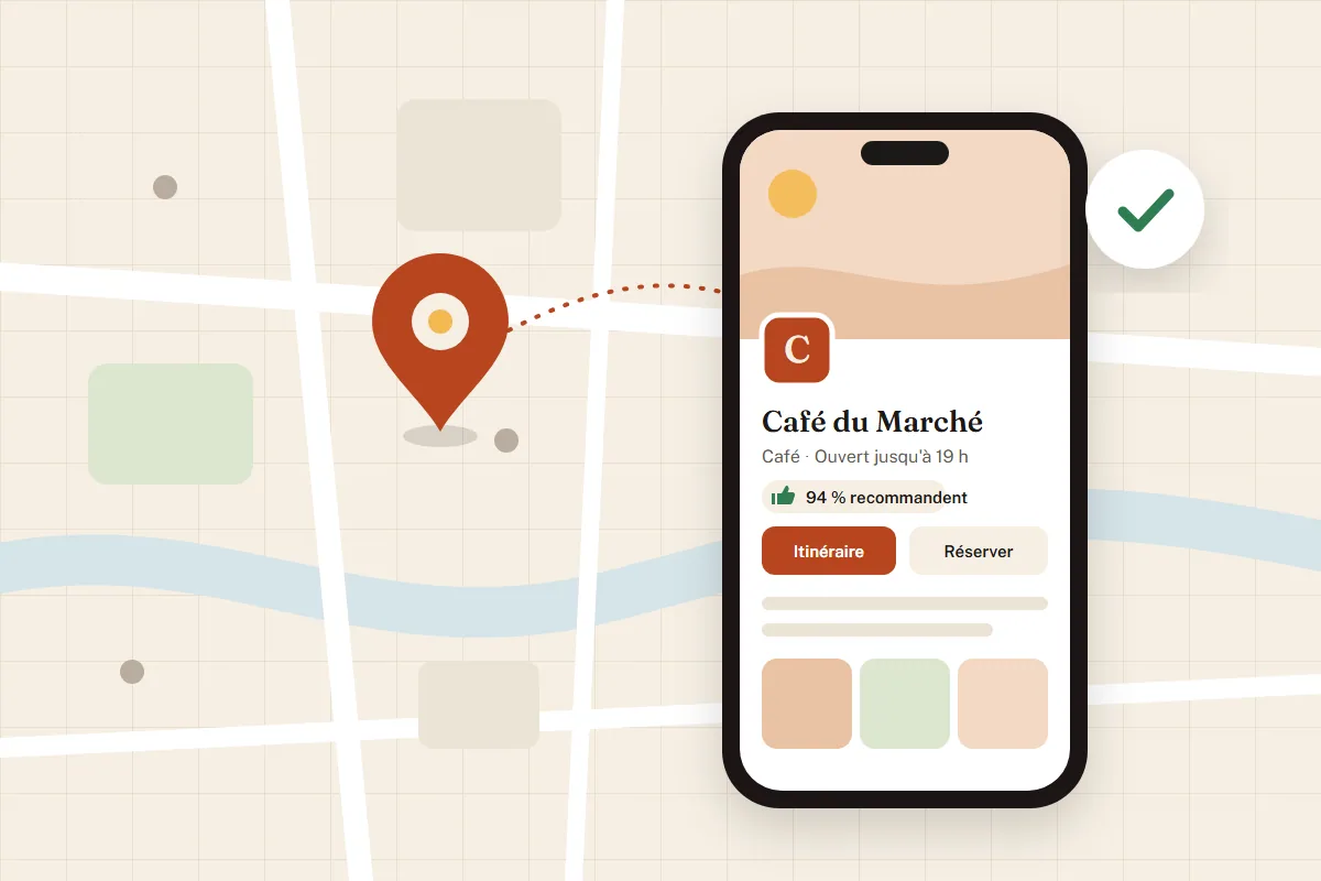Illustration d'une fiche d'établissement dans une application de plans sur iPhone, avec un repère sur la carte, des boutons Itinéraire et Réserver