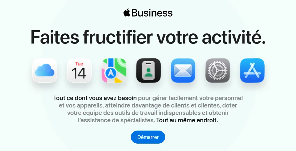 Page d'accueil d'Apple Business (ex-Apple Business Connect) avec le bouton Démarrer pour créer sa fiche Apple Plans