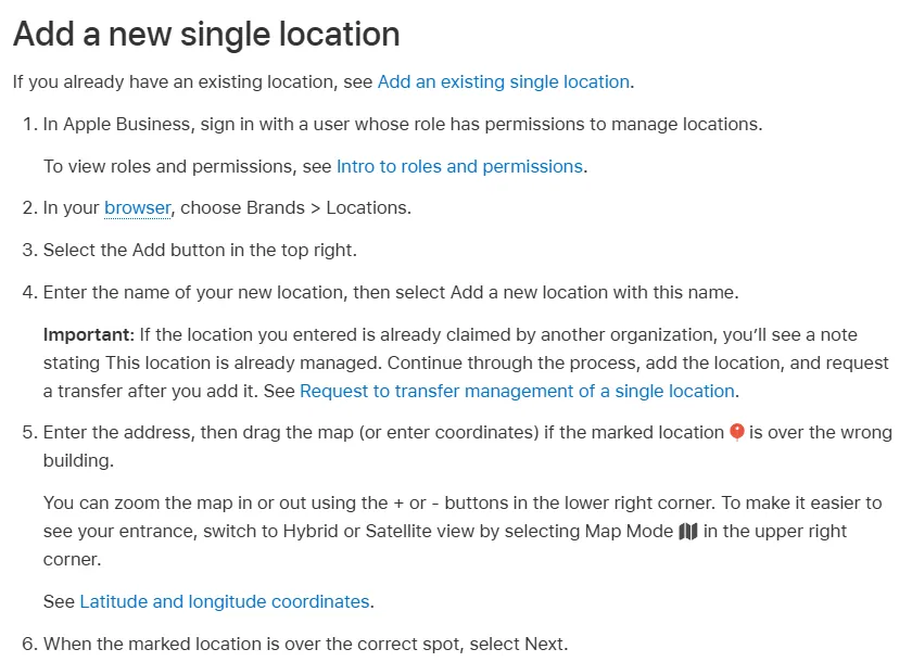Steps to add a new location in Apple Business Connect so it appears in Apple Maps, from the Apple user guide