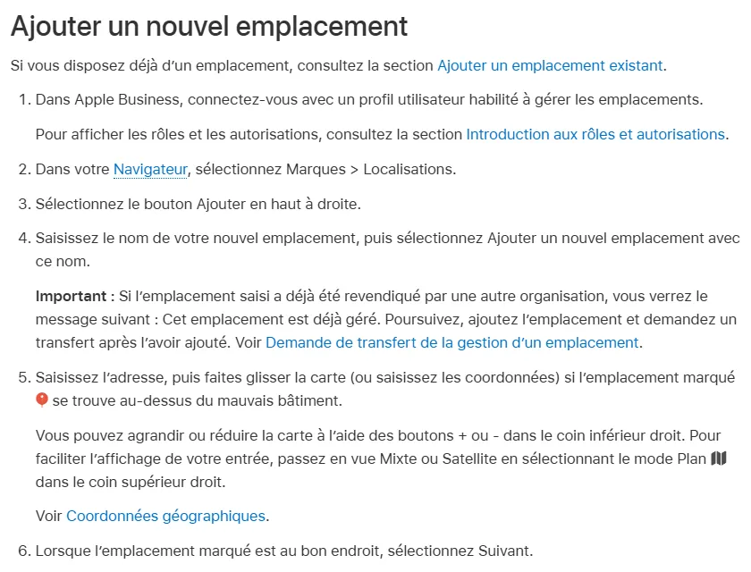 Étapes pour ajouter un nouvel emplacement dans Apple Business Connect et le faire apparaître dans Apple Plans, extrait du guide d'aide Apple