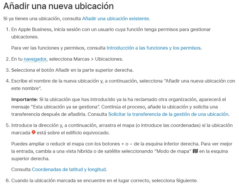 Pasos para añadir una nueva ubicación en Apple Business Connect y que aparezca en Mapas de Apple, extracto del manual de Apple