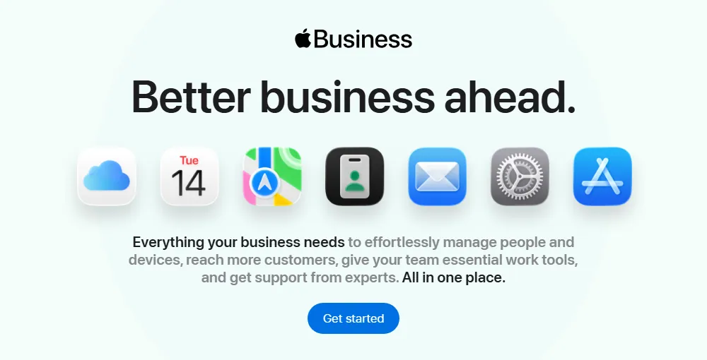 Apple Business homepage (formerly Apple Business Connect) with the Get started button to create an Apple Maps listing