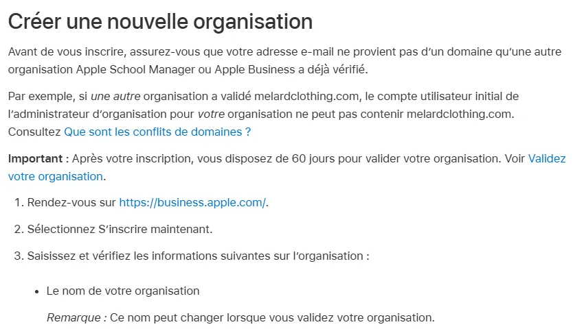 Créer une nouvelle organisation dans Apple Business Connect : 60 jours pour faire valider l'organisation, guide d'aide Apple