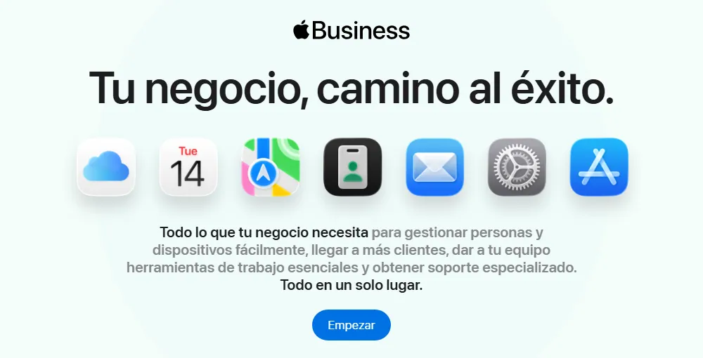 Página de inicio de Apple Business (antes Apple Business Connect) con el botón Empezar para crear tu ficha en Mapas de Apple