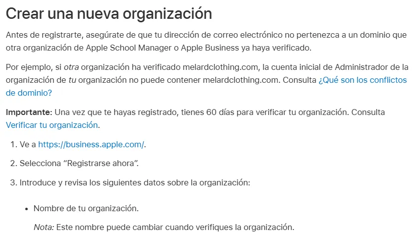 Crear una nueva organización en Apple Business Connect: 60 días para verificar la organización, manual de Apple