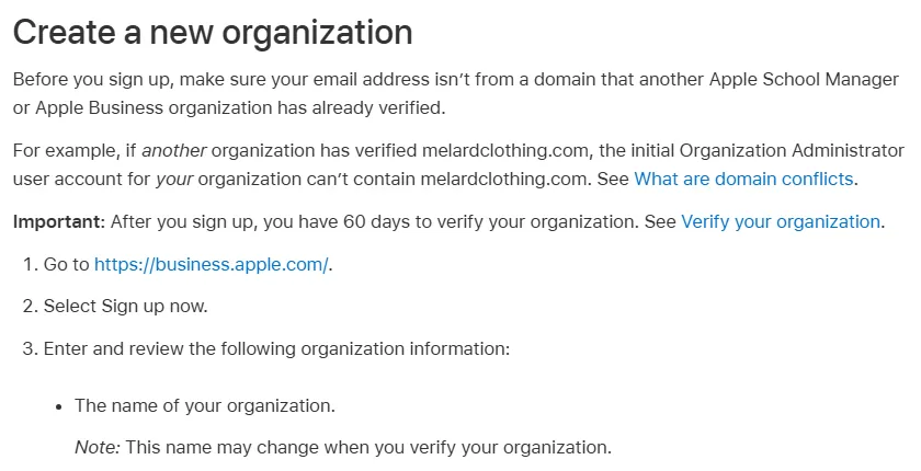 Create a new organization in Apple Business Connect: 60 days to get your organization verified, Apple user guide