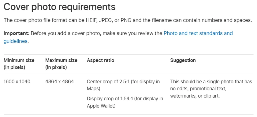 Cover photo requirements for an Apple Maps listing in Apple Business Connect: at least 1600 x 1040 pixels, 2.5:1 crop in Maps