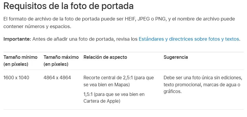 Requisitos de la foto de portada de una ficha en Mapas de Apple en Apple Business Connect: 1600 x 1040 píxeles como mínimo, recorte 2,5:1 en Mapas