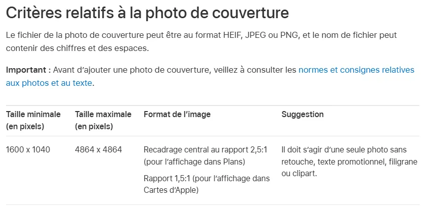 Critères de la photo de couverture d'une fiche Apple Plans dans Apple Business Connect : 1600 x 1040 pixels minimum, recadrage 2,5:1 dans Plans