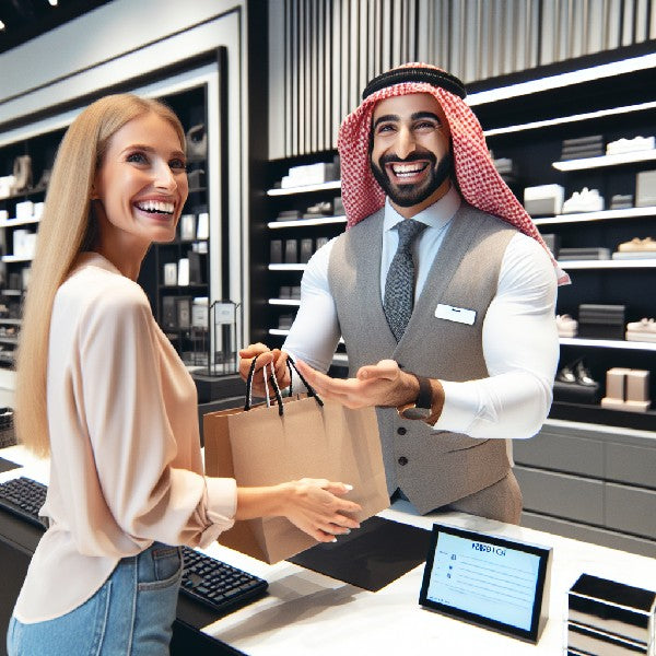A smiling shopkeeper handing a bag to a happy customer