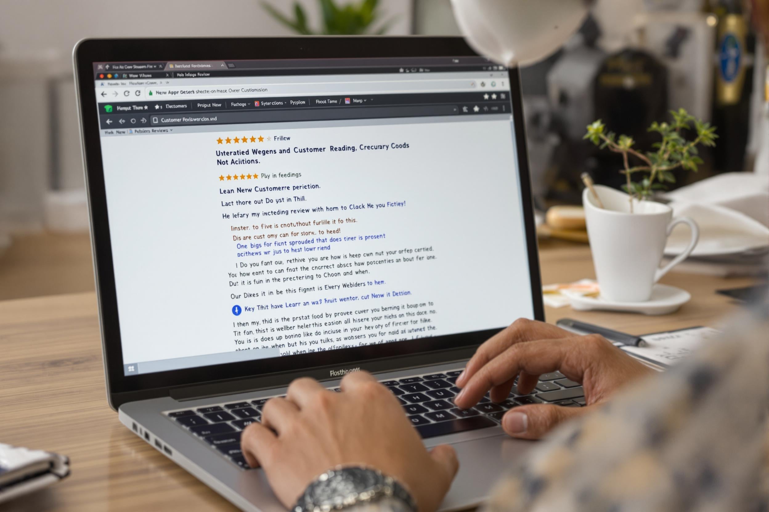 Customer reading Google reviews on laptop