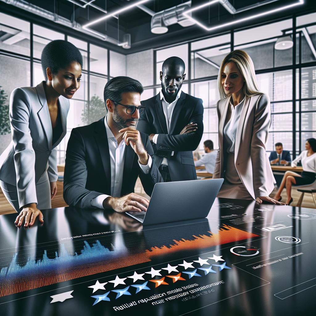 Professionnels discutant de la réputation en ligne