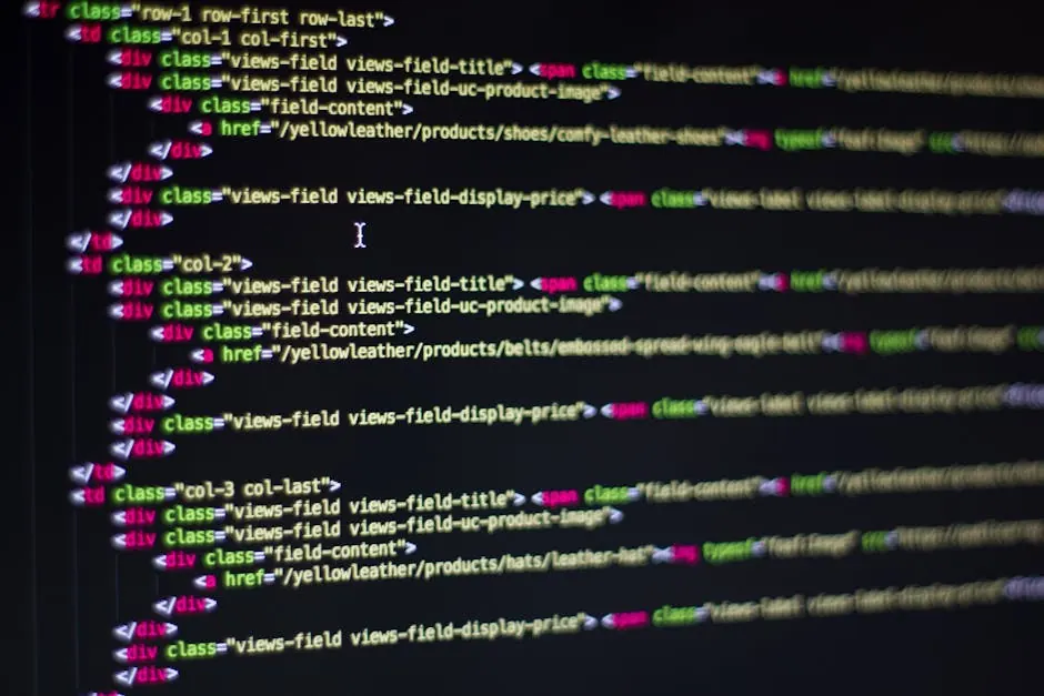 Detailed excerpt of HTML code on a computer screen, illustrating web development.