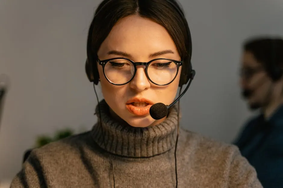 Primer plano de un agente de un centro de llamadas concentrado con gafas y auriculares brindando asistencia al cliente.