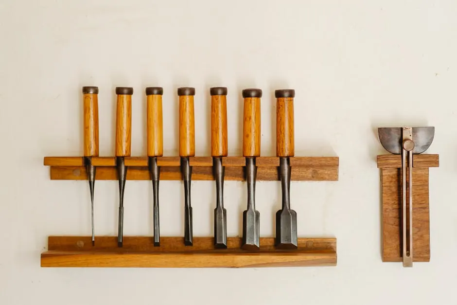 Collection de ciseaux à métal avec manches en bois et outils de découpe pour le travail du bois disposés sur une étagère contre un mur blanc dans un atelier