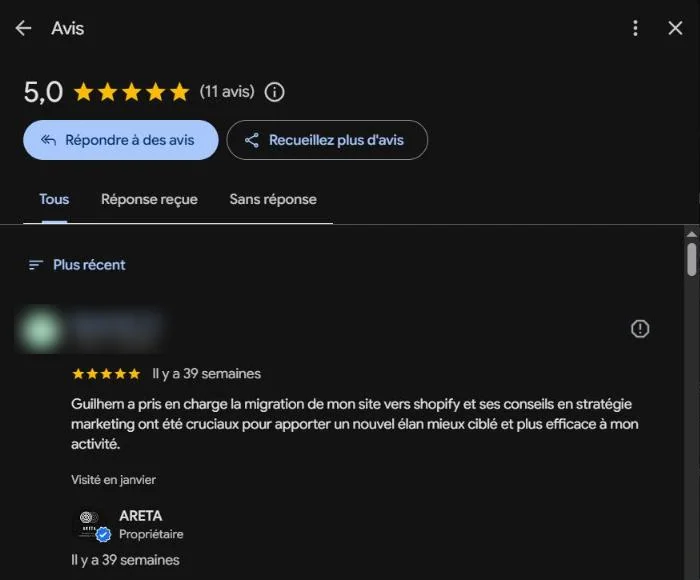 Review reply interface in Google Business Profile: Reply to reviews button, Replied and Unreplied filters, a customer review and the owner's reply