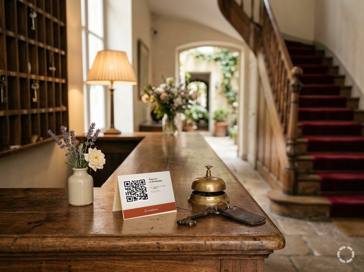 Réception d'un hôtel de charme : comptoir en bois avec un chevalet monbizness, une cloche, une clé de chambre et un escalier à tapis rouge