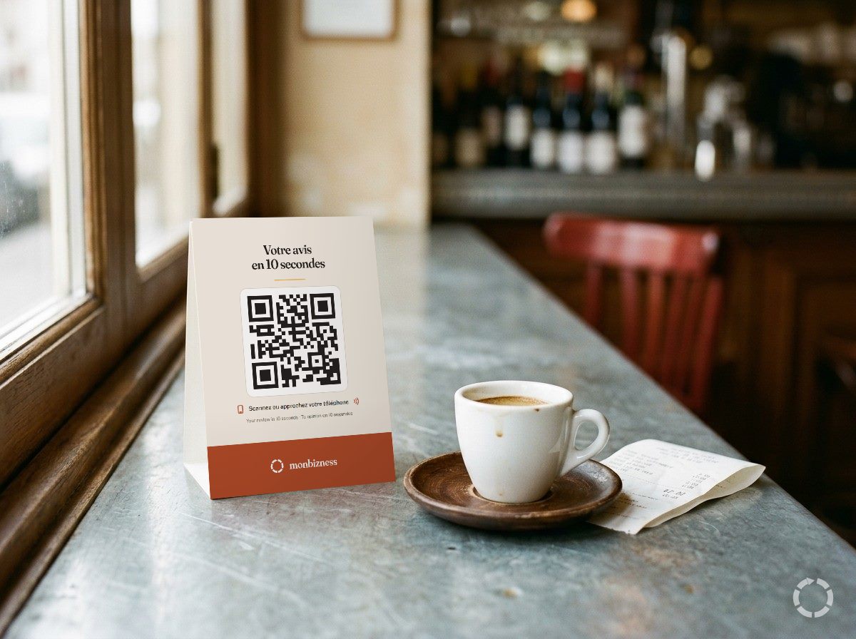 Un expositor monbizness con código QR sobre la barra de zinc de un café, junto a un expreso y un tique de caja